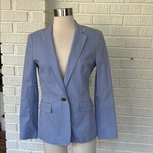 Lafayette 148~ periwinkle, blue single button, whip stitch, blazer.